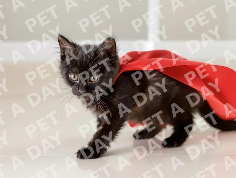 Tiny Black Superhero Kitten Ready to Pounce