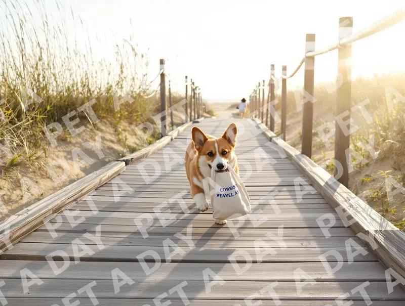 Corgi Carrying Bag on Sunny Beach Boardwalk
