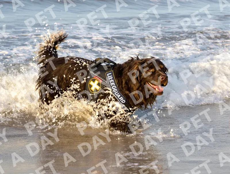 Happy Lifeguard Dog Splashing in Ocean Surf