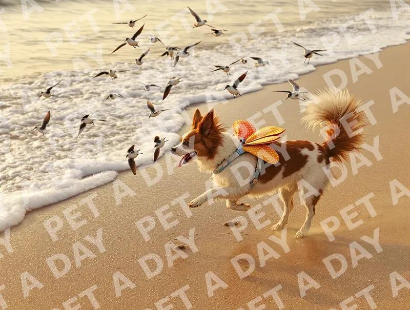 Playful Papillon Chasing Birds on Golden Beach