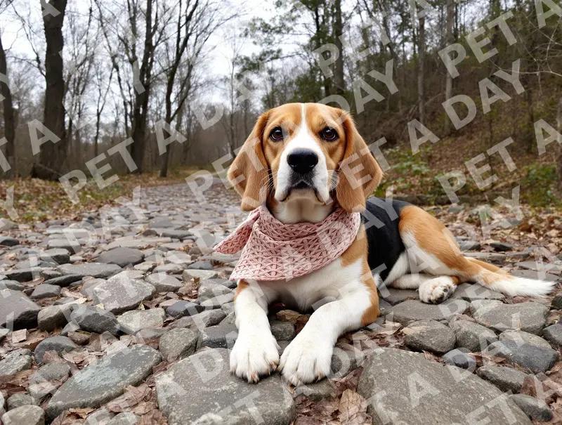 Beagle Resting on a Rocky Forest Path