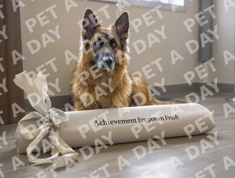 DSLR photography of a senior German Shepherd with a noble gray muzzle