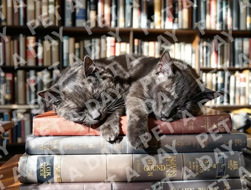 Two Russian Blues Napping on Antique Books