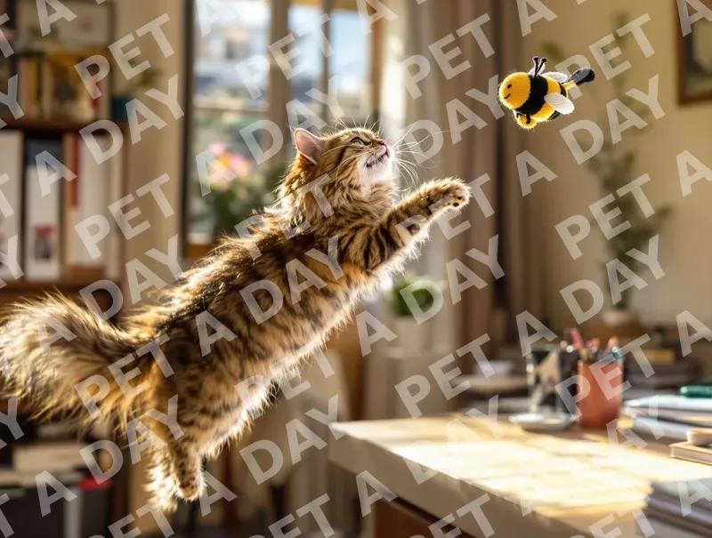 Playful Maine Coon Cat Leaping for Bee Toy