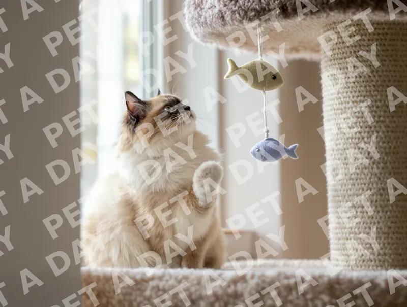 Playful Ragdoll Cat Batting at Fish Toy