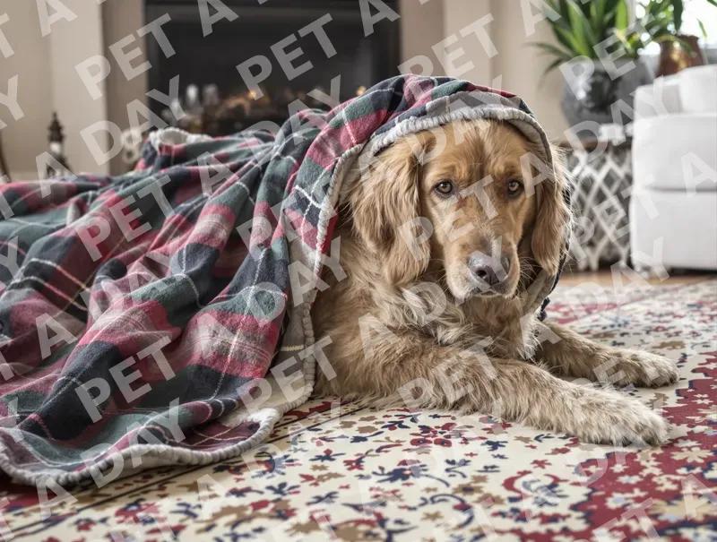 Cozy Golden Retriever Under Plaid Blanket