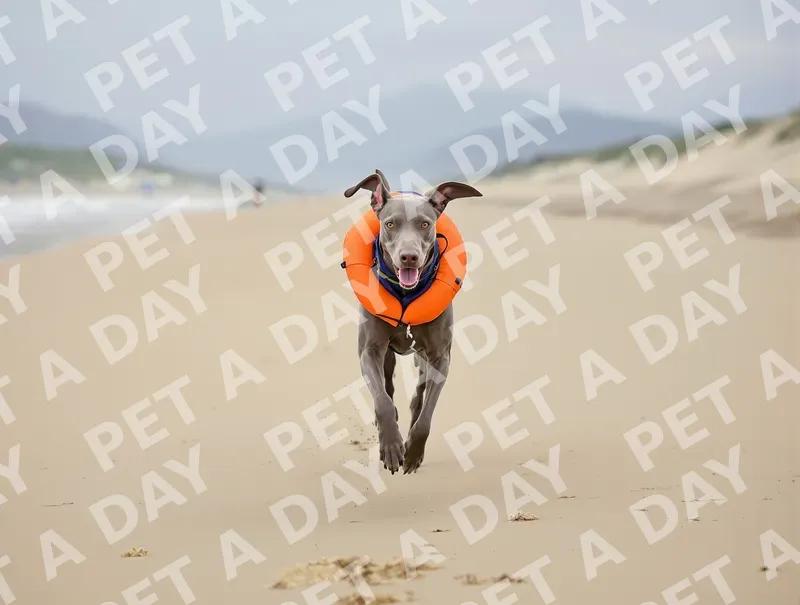 Energetic Weimaraner in Life Vest at Beach