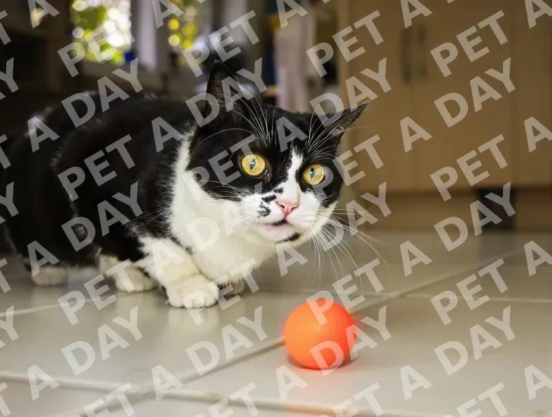 Curious Black and White Cat with Orange Ball