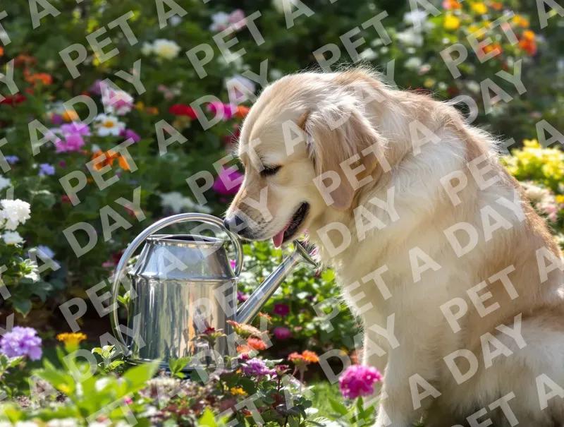 Curious Golden Retriever in Blooming Garden