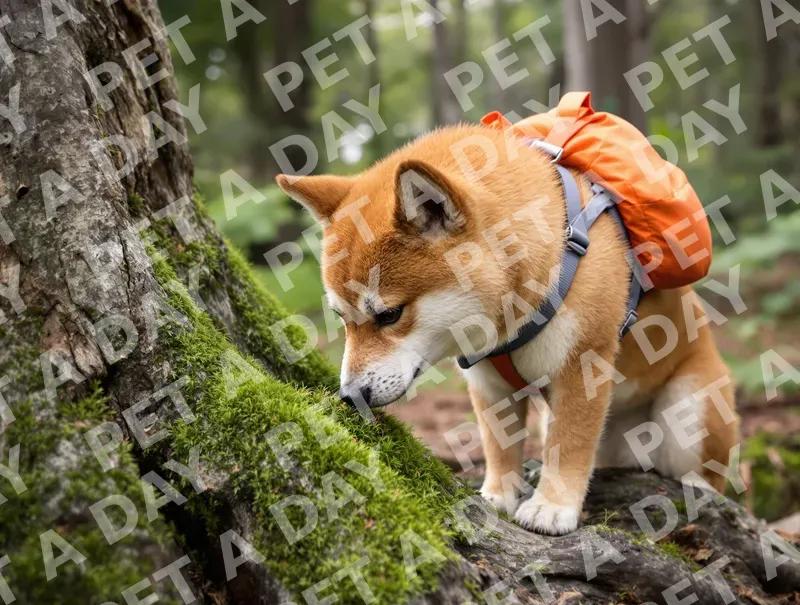 Curious Shiba Inu Sniffing Mossy Tree