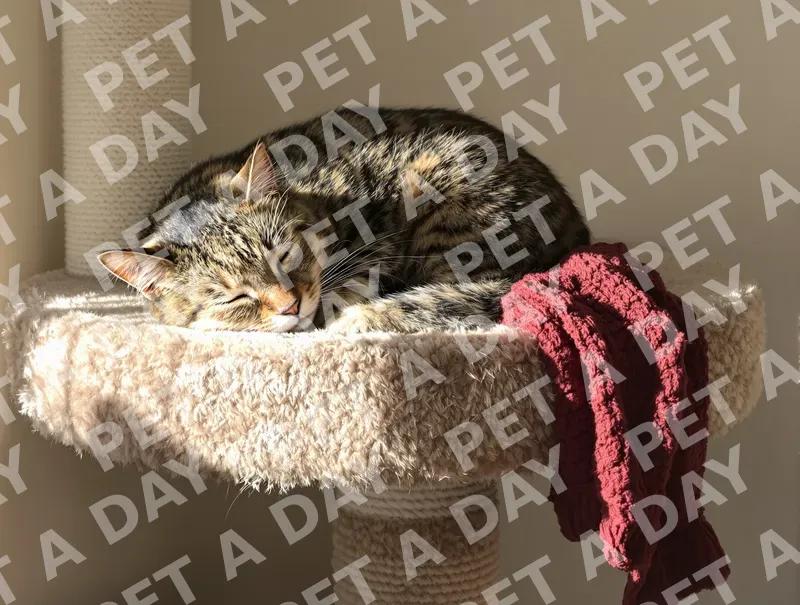 Sun-Drenched Tabby Cat Napping on Cat Tree