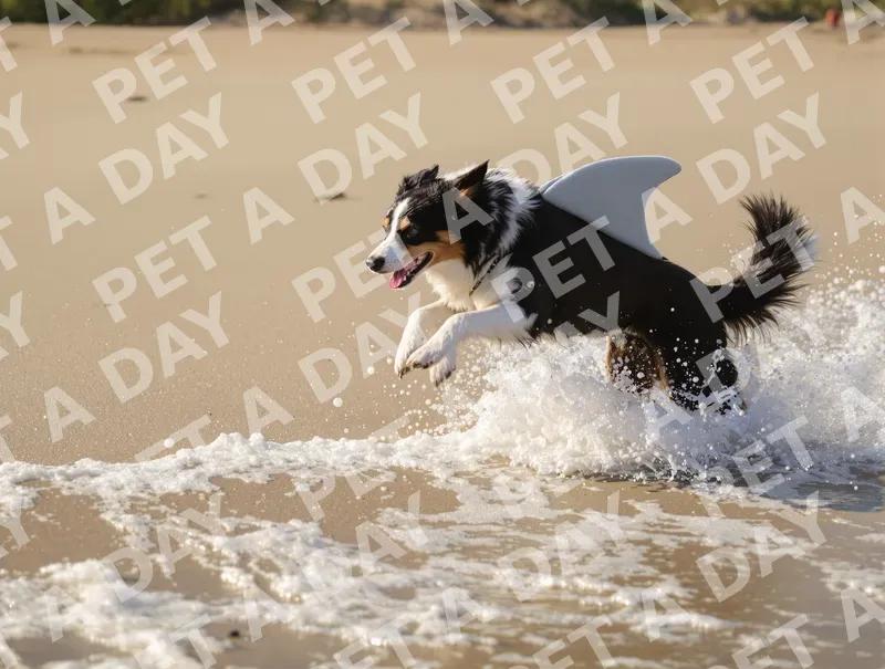 Shark Fin Dog Leaping Beach Wave