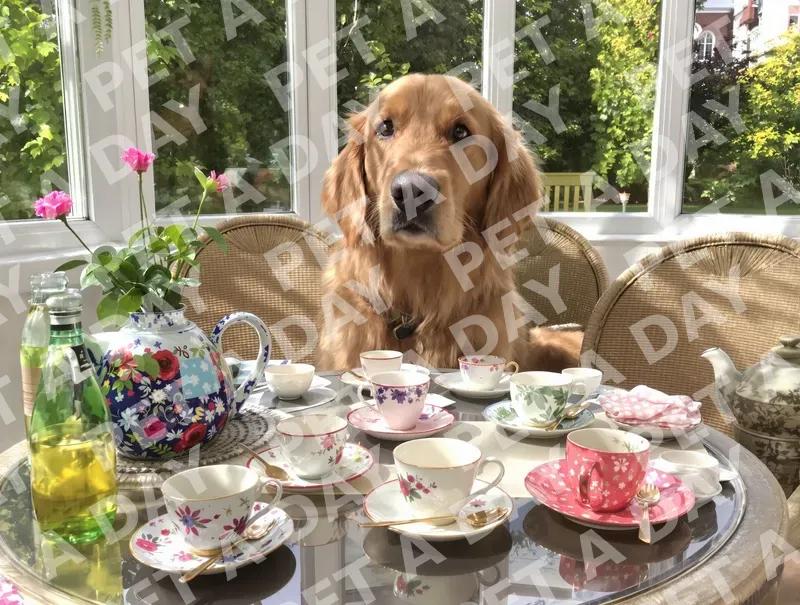 Golden Retriever's Elegant Conservatory Tea Party