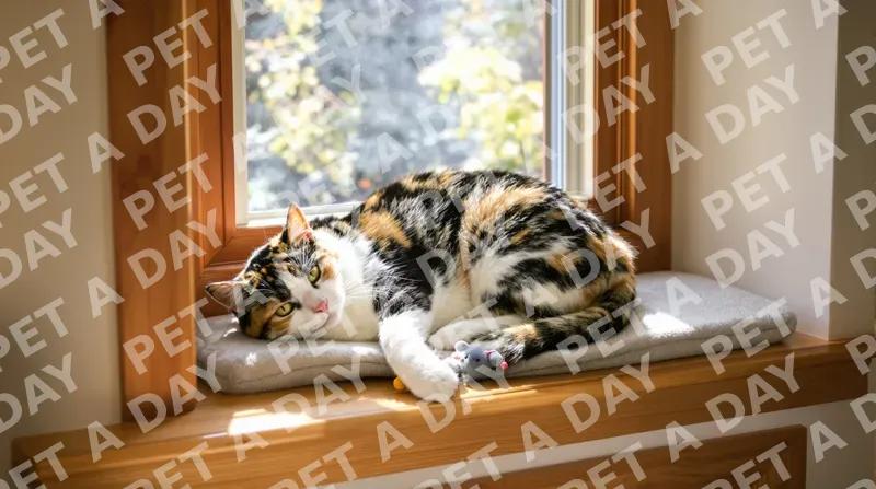 Calico Cat Napping in Sunny Window Seat