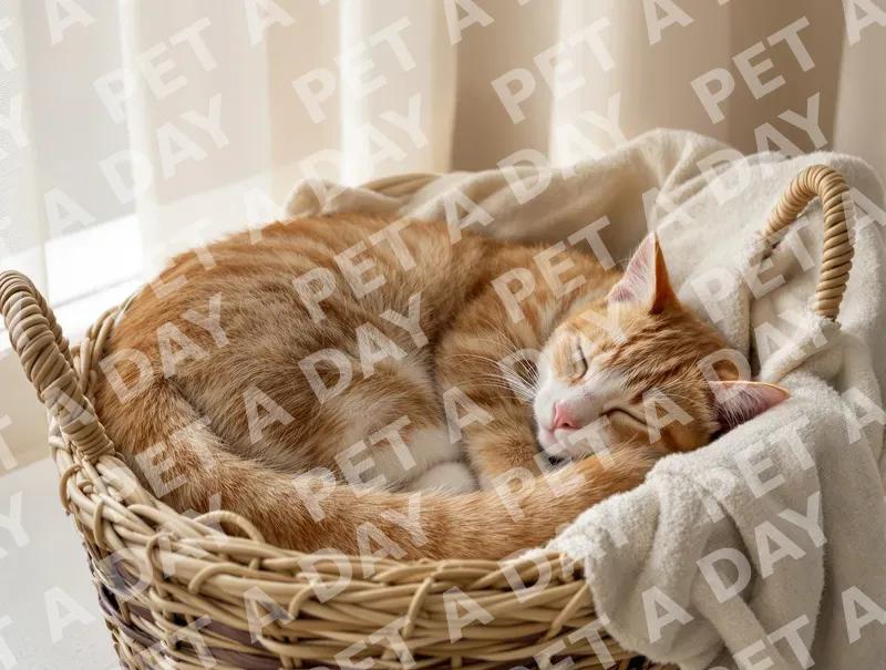 Peaceful Ginger Tabby Cat Napping in Basket