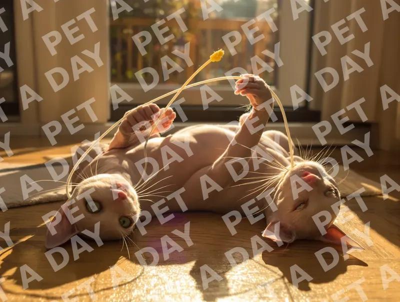 Playful Sphynx Cat Batting at Toy in Sunlight