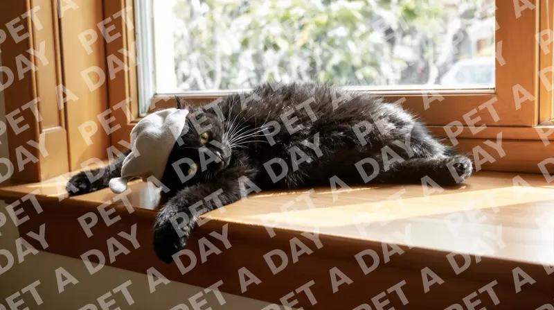 Photorealistic candid shot of a black domestic shorthair cat stretching lazily o