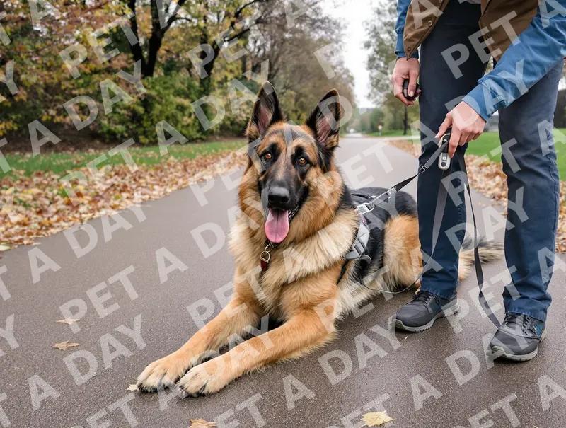 Obedient German Shepherd on Autumn Park Path