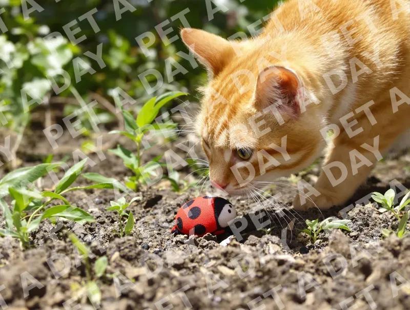 Curious Ginger Cat Investigates Ladybug Toy