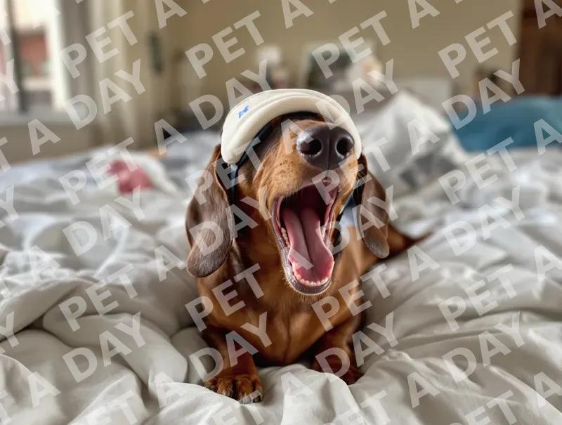 Sleepy Dachshund Yawning in Bed