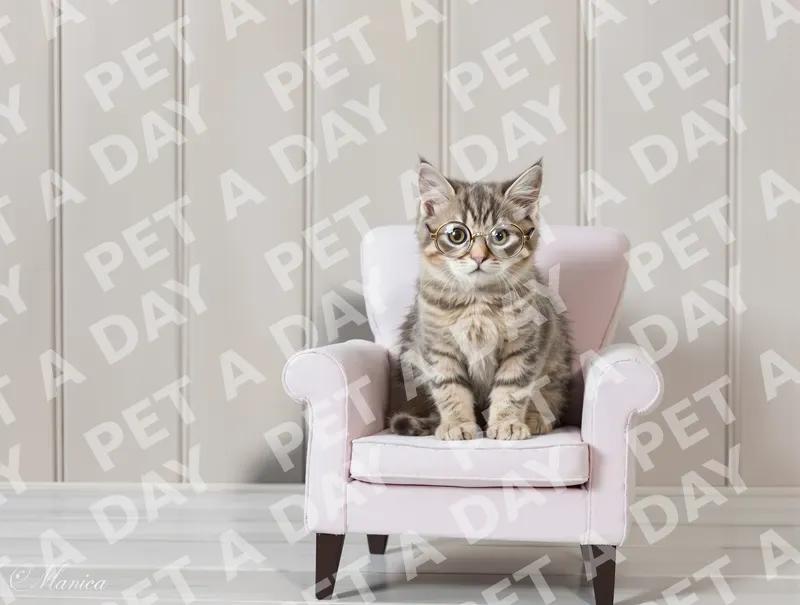 Smart Kitten in Glasses on Pink Armchair