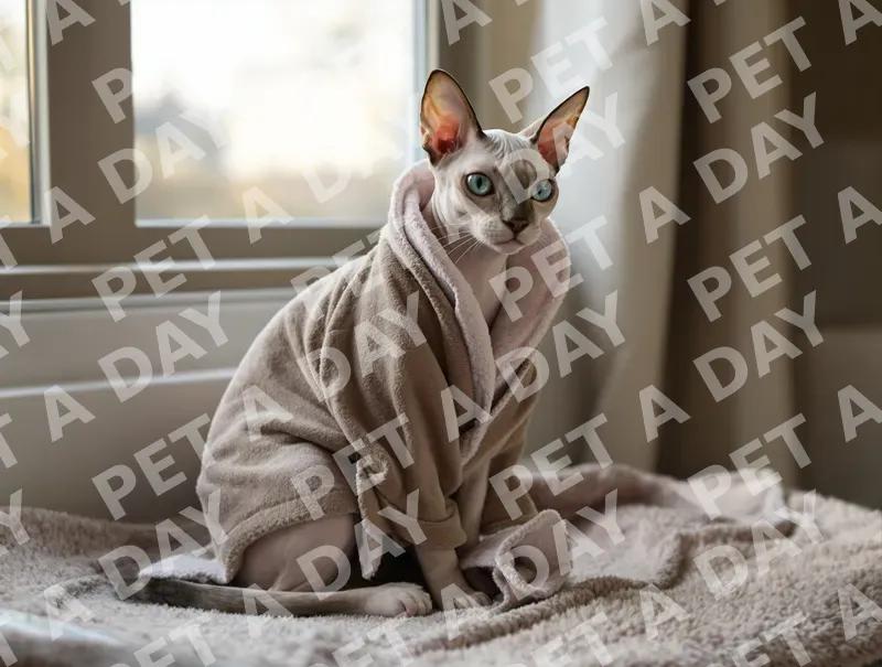 Cozy Sphynx Cat in Bathrobe by Window