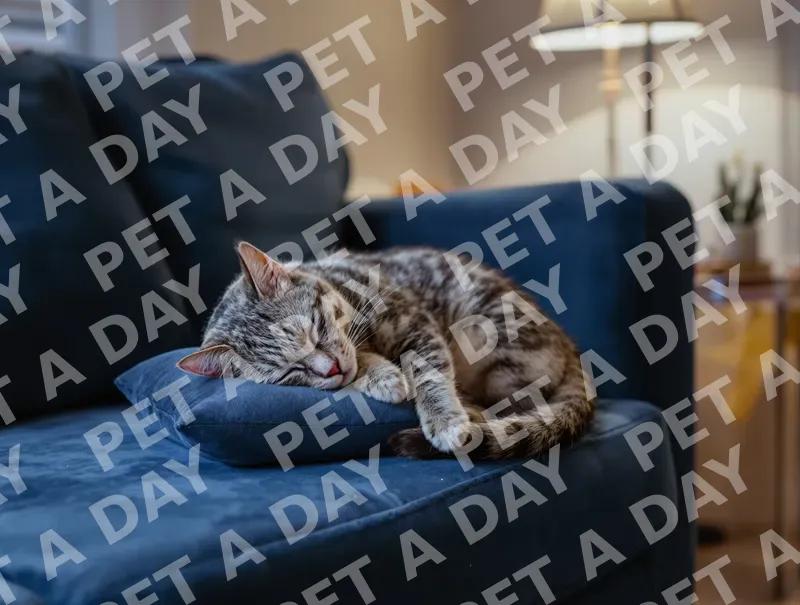 Blue Tabby Cat Napping on Velvet Couch