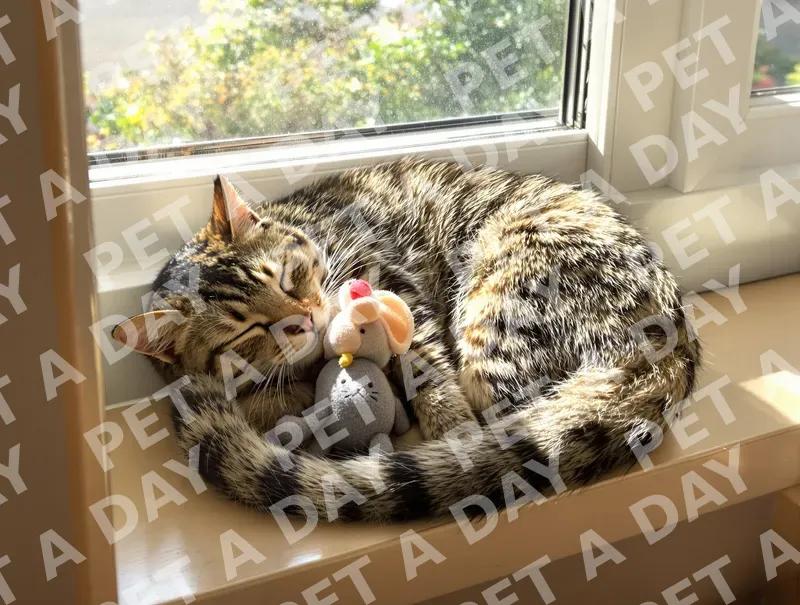 Cozy Tabby Cat Napping on Sunny Sill
