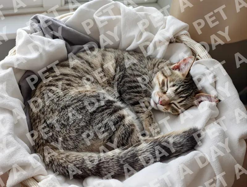 Peaceful Tabby Cat Napping in Laundry