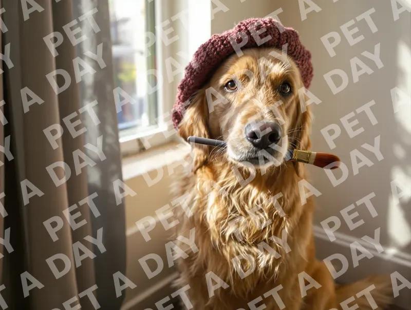 Golden Retriever Artist with Beret and Paintbrush