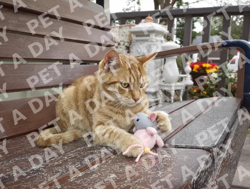 Marmalade Cat's Playtime on Porch Swing