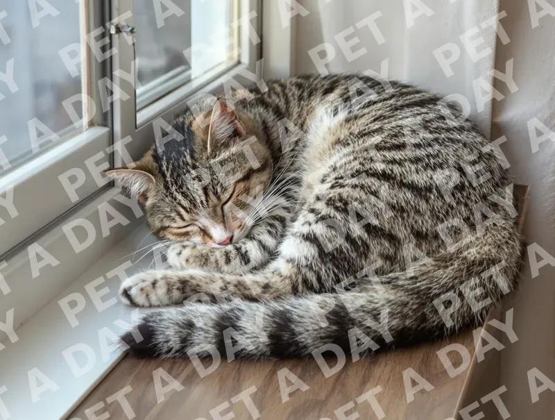 Peaceful Tabby Cat Napping on Window Sill