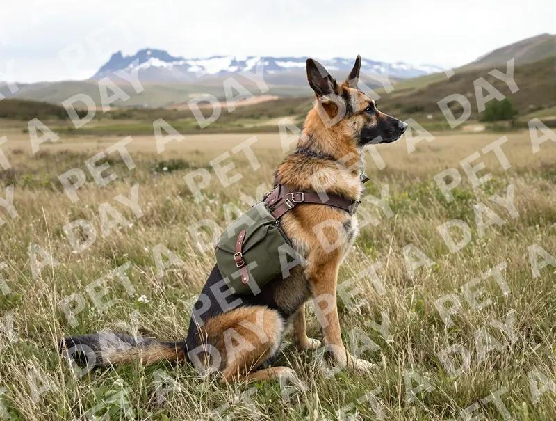 German Shepherd with Saddlebag in Mountain Meadow