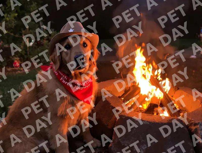 Golden Retriever Cowboy by the Campfire