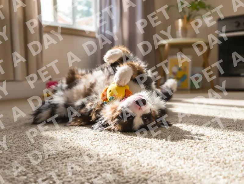 Playful Aussie Puppy Rolling with Toy