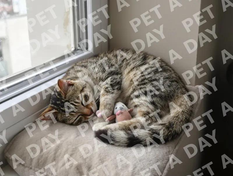 Classic Tabby Cat Dozing with Toy