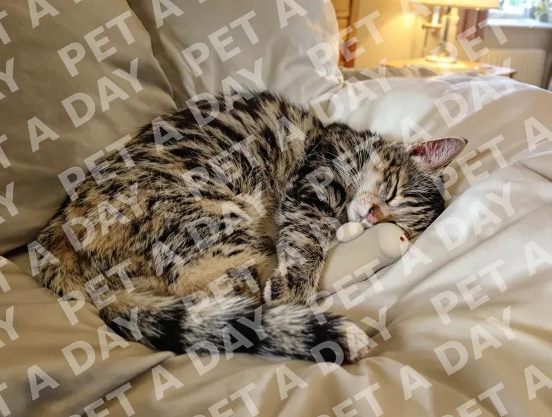 Candid photograph of a classic tabby cat sleeping soundly on a neatly made bed
