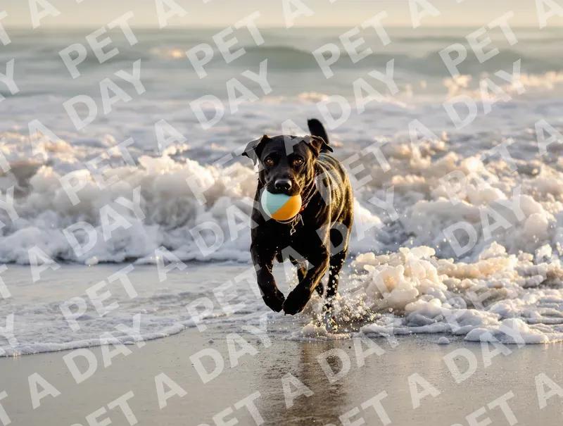 Joyful Labrador Retriever with Ball at Beach