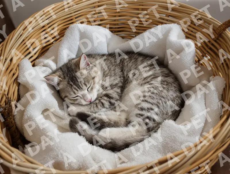 Peaceful Silver Tabby Kitten in Cozy Basket