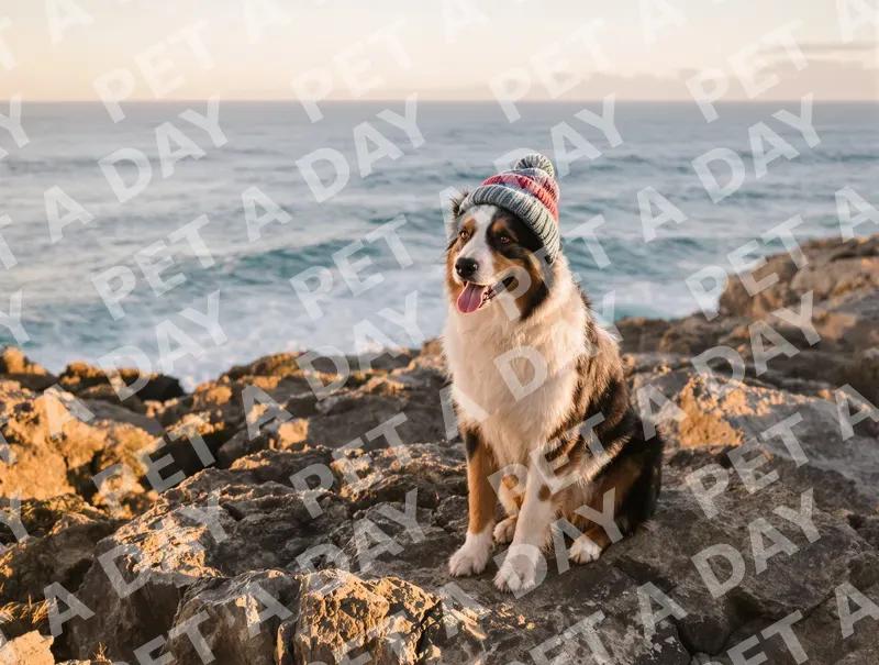Stylish Australian Shepherd in Beanie by the Ocean
