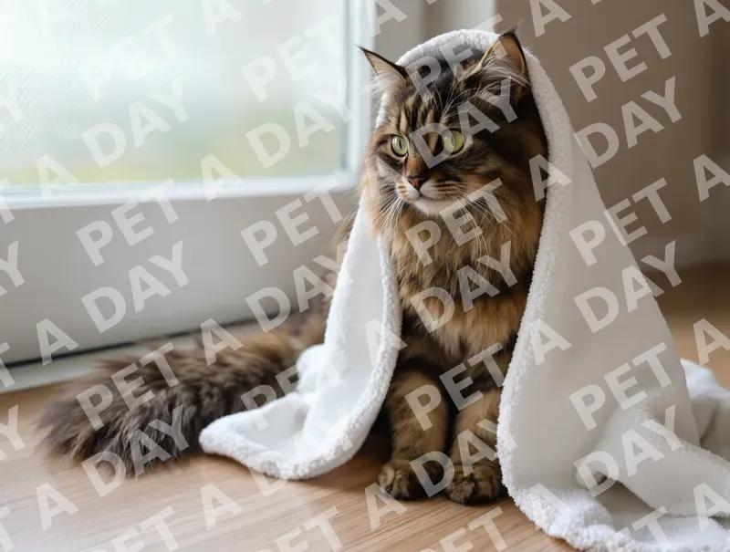 Cozy Maine Coon Wrapped in Towel