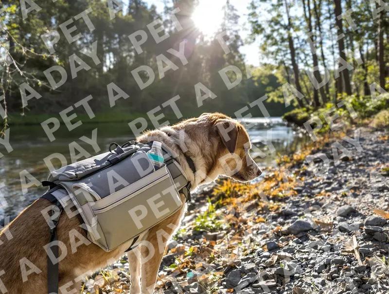 Adventure Dog Pauses by Sunny River