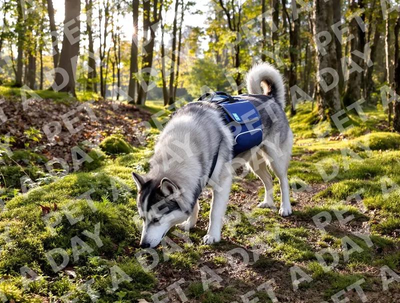 Curious Husky Sniffing Sunny Forest Path