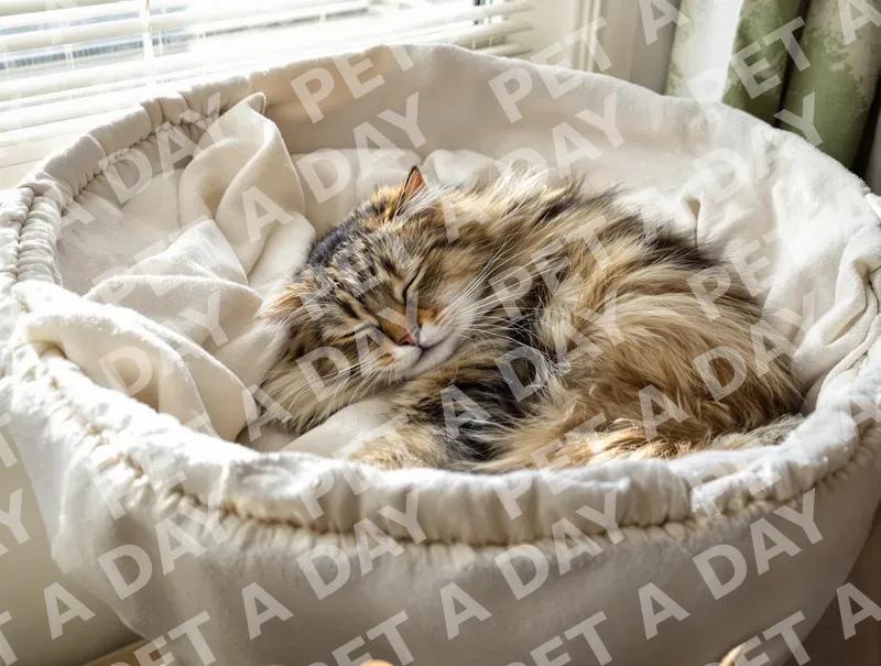 Candid photograph of a fluffy classic tabby cat nestled deep inside a soft cotto