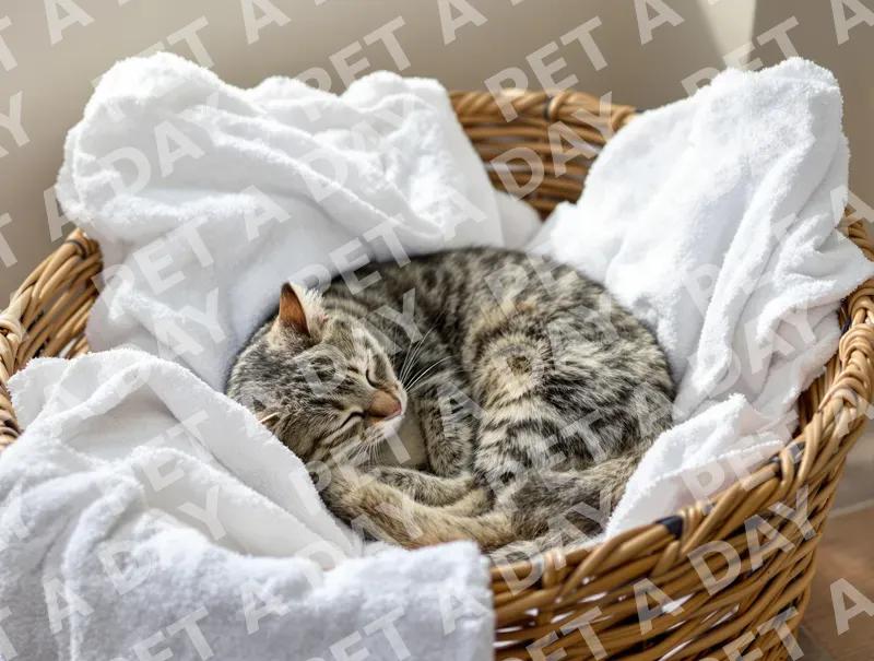 Peaceful Tabby Cat Napping in Laundry Basket