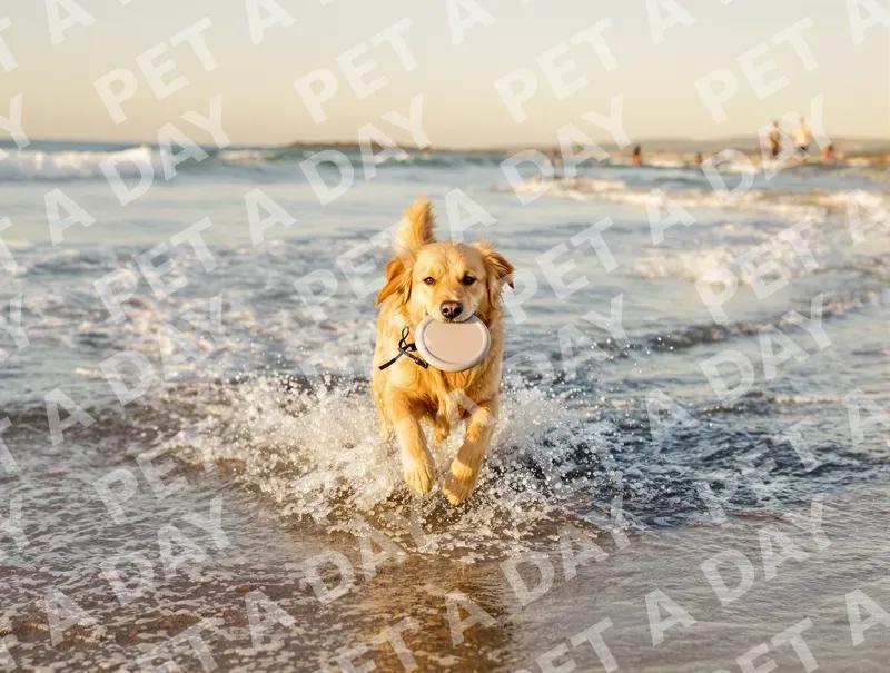 Joyful Golden Retriever Running on Beach with Frisbee