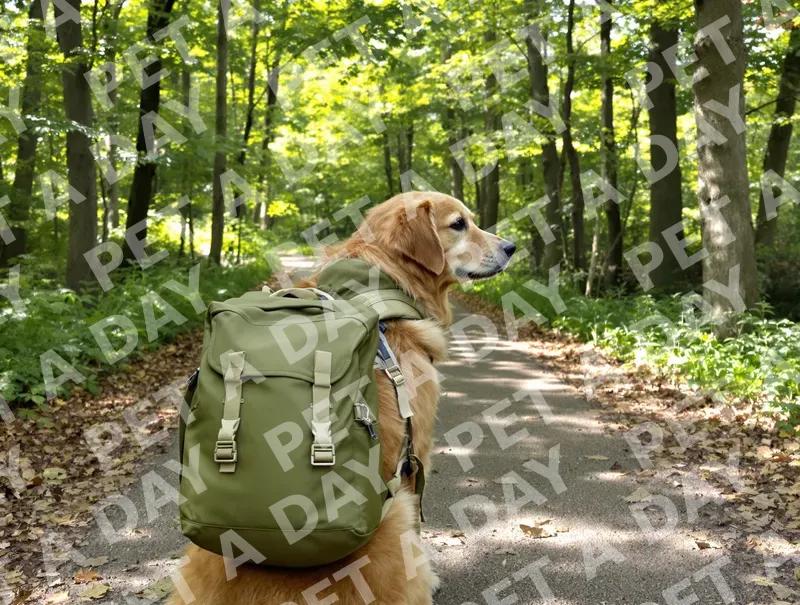 Golden Retriever's Forest Adventure with Backpack