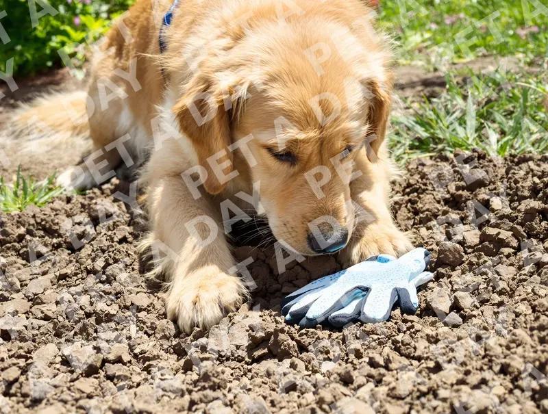 Curious Golden Retriever with Gardening Glove