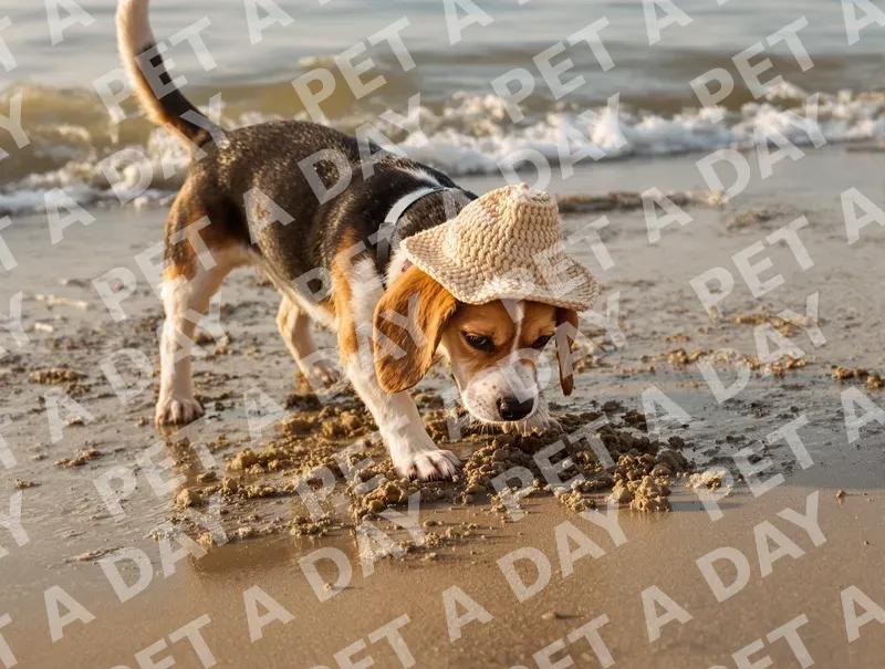 Curious Beagle Digging at Golden Hour Beach