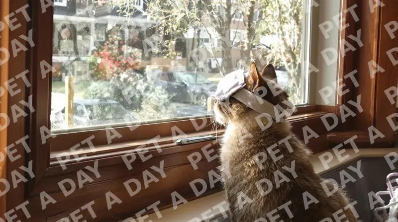 Thoughtful Cat with Eye Mask by Window